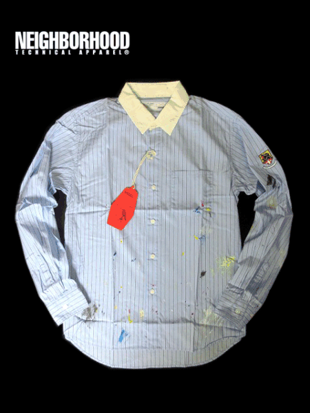 新品 NEIGHBORHOOD ネイバーフッド ペンキ加工 ストライプシャツ 長袖シャツ 水色×白 S