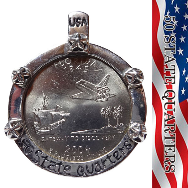 新品 USA QUATERS アメリカ 50州記念 25セント ネックレス フロリダ FLORIDA 硬貨 コイン シルバー スペースシャトル アクセサリー C01_画像1