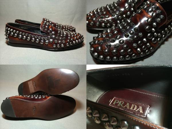 新品 プラダ スタッズ レザー シューズ 8 ブラウン 茶 prada 本革 靴