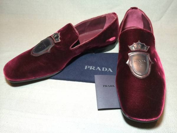 期間限定特別価格 新品 靴 赤 prada 8.5 シューズ オペラ ベルベット 装飾 レザー プラダ 男性用