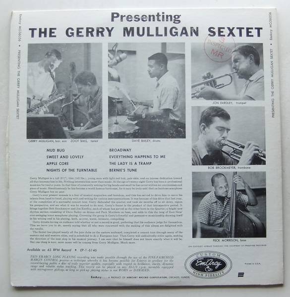 ◆ Presenting GERRY MULLIGAN Sextet ◆ EmArcy MG-36056 (blue:dg) ◆ V_画像2