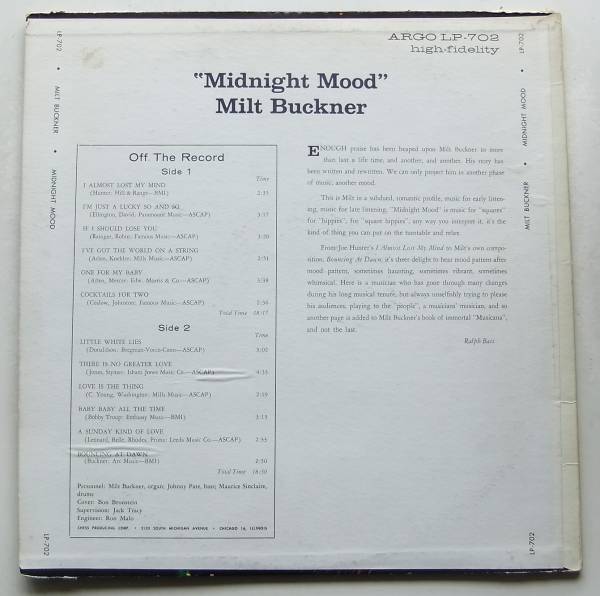 ◆ MILT BUCKNER / Midnight Mood ◆ Argo LPS-702 (blue:dg) ◆ W_画像2