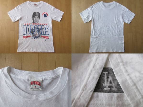 90s USA製 野茂英雄 ロサンゼルス ドジャース ナツメグ Tシャツ M トルネード Los Angeles Dodgers NUTMEG MILLS LA Hideo Nomo フォト MLB_上の写真・Tシャツ表面、裏面