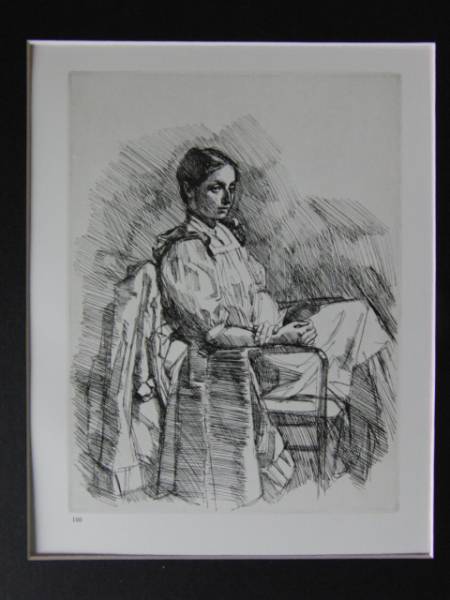 小磯良平,限定100,椅子に掛ける女,銅版画/レゾネ,額付_画像3