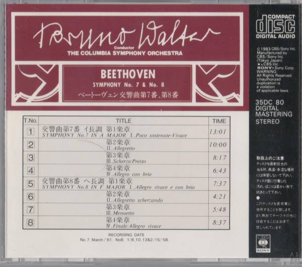 CD ワルター/ベートーヴェン交響曲　第7番　第8番　35DC 初期盤_画像2