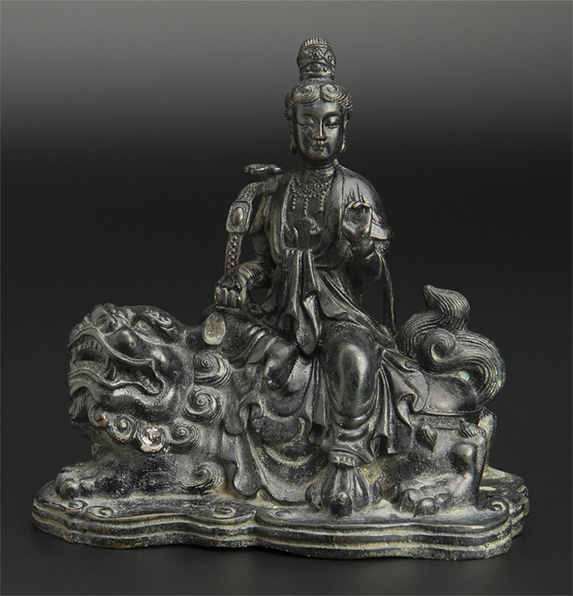 清 銅雕騎獅観音像 仏像 中国 古美術