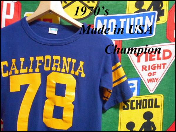 ☆コンディション◎な1枚☆Made in USA製アメリカ製ChampionチャンピオンビンテージナンバリングプリントTシャツ70s70年代バータグ紺×黄