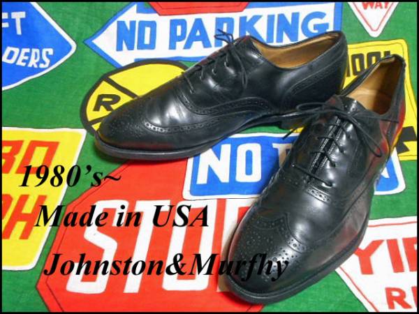 無料配達 《美品》米製Johnston&Murphyビンテージウイングチイプ革靴黒80s 26.5cm