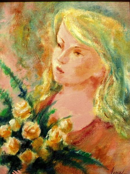  Inoue ..*[ flower . young lady ]*F6 number * canvas . oil painting * genuine work 