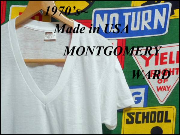 { прекрасный товар }USA производства MONTGOMERY WARD Vintage V шея футболка белый цвет 70s
