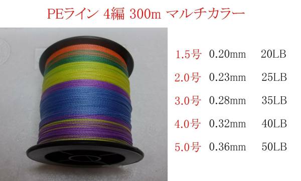 PEライン 4.0号 0.32mm 40LB 4編 300m マルチカラー　1個　D_画像2