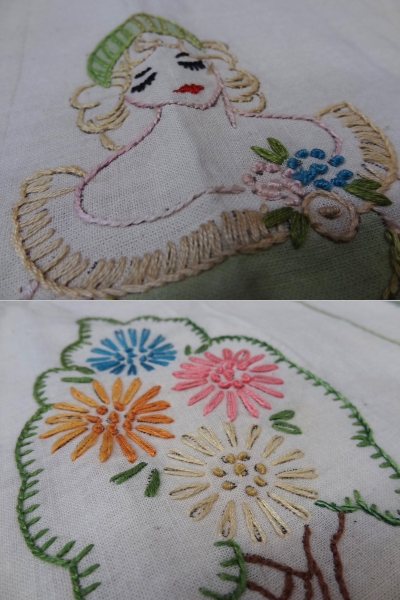  Vintage rare 50S 60S hand made linen embroidery stitch Work apron apron green green trim kitchen gardening rare .