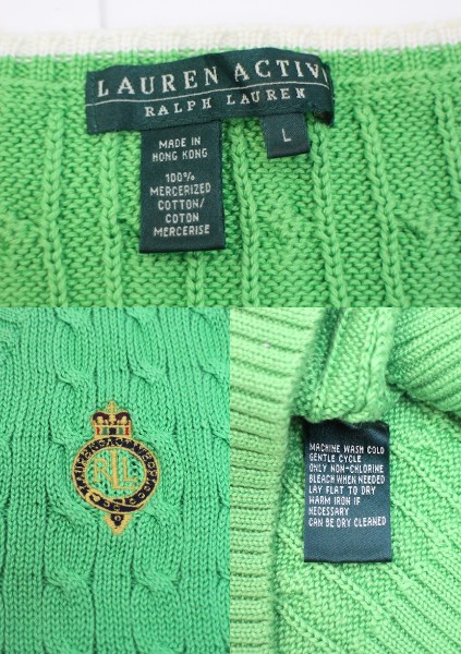 LAUREN ACTIVE хлопок Ralph Lauren V шея кабель лучший незначительный зеленый ( женщина L)