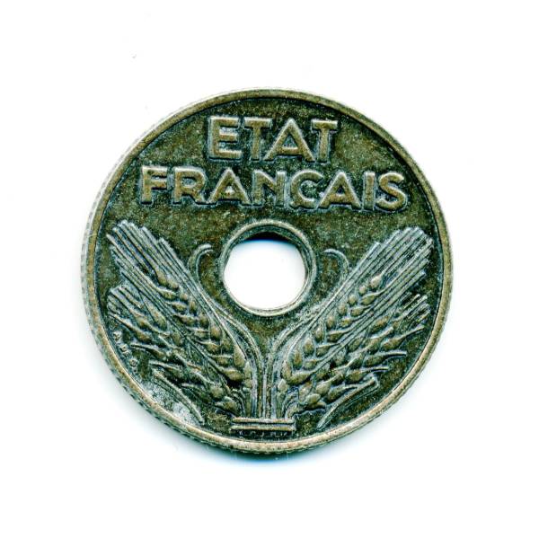 1941年 フランス 20 サンチーム ドイツ占領下 亜鉛貨24mm ◆ce-2_画像2