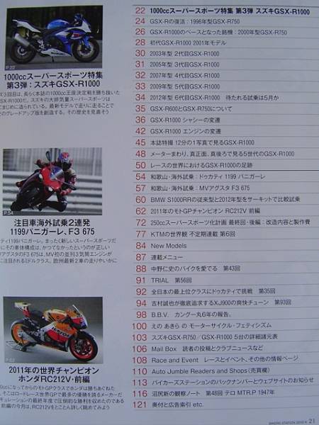 ★ バイカーズ ステーション 2012年4月号 No.295 ★ GSX-R1000特集 (カラー32ページ) ★ モトGPチャンピオン ホンダ RC212V (カラー10P)_目次です。見づらい場合はご質問ください。