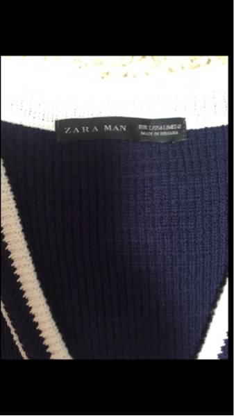 ZARA MAN ニット セーター 長袖 カーディガン 紺 ストライプ L_画像2