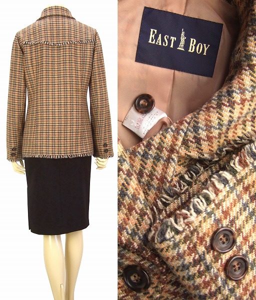 F 美品★EAST BOY イーストボーイ★綺麗ツイード生地*可憐フリンジトリム*上品ハーフコート*9號/M*38