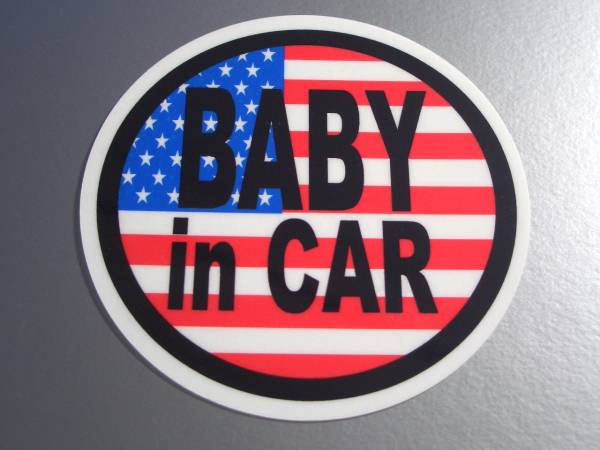 BC-mg●アメリカ國旗BABY in CAR【マグネット仕様】 10cmサイズ●USA 星條旗 アメリカン 赤ちゃん 車に乗ってます☆ベビー 円形 丸型 NA