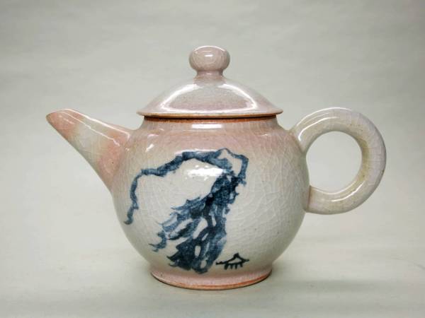 [大幸]　興哉造　貫乳釉染付「山水図」急須　未使用　良品　京焼　作家物　煎茶器　煎茶具