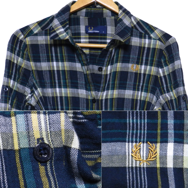 フレッドペリー 2WAY チェック柄 ロゴ ワンピース / シャツワンピ 紺 S 美品