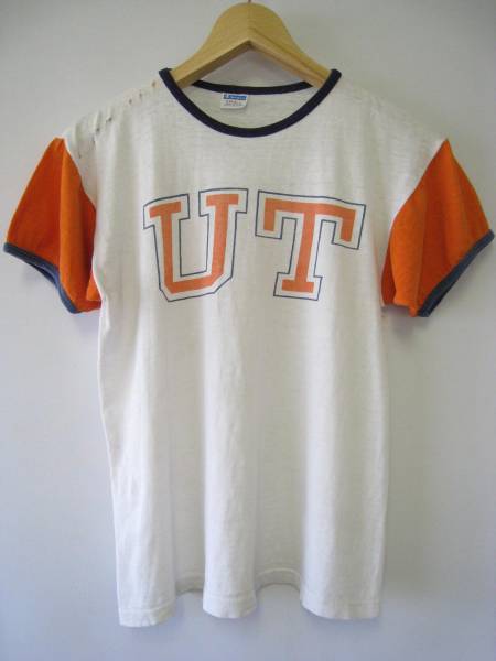 1970s ヴィンテージ Champion バータグ ツートン 染込みプリントTシャツ S ホワイト×オレンジ チャンピオン USA アメリカ 古着