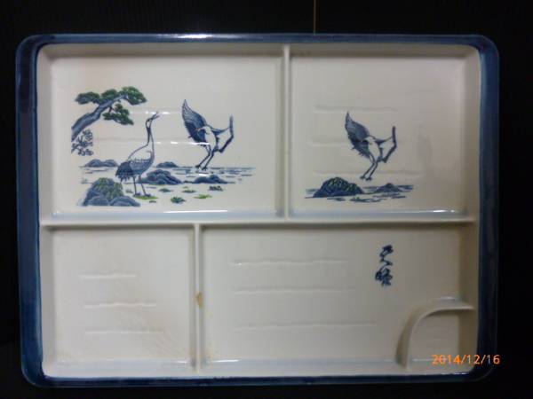 陶器製 区切り付 和風皿 青×白系 鶴 約36×26cm 中古品[A-506]_画像1