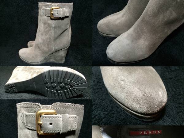 新品 プラダ 最高級 スウェード レザー ウェッジ ソール ブーツ 36 PRADA 革靴 靴 シューズ グレー ベージュ