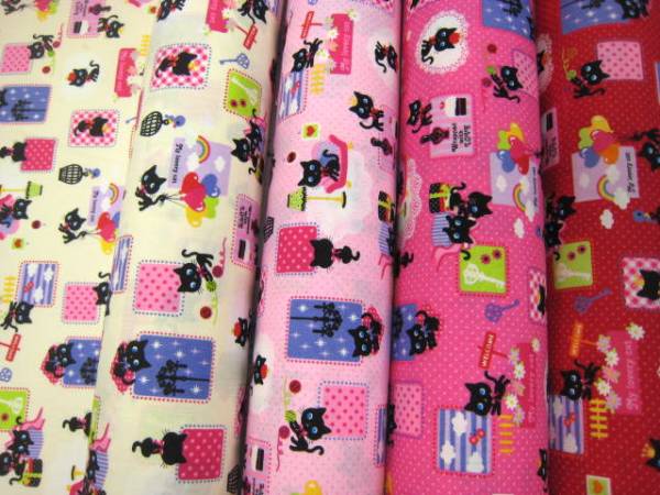 YO 販売色レッド 長さ1.6m 黒猫ルーム 生地 CBプリント 生地 クロネコ 入学入園