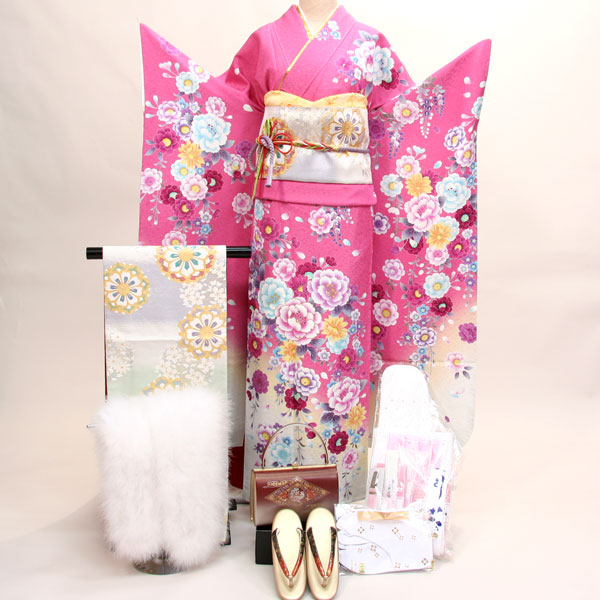  long-sleeved kimono full set silk kimono 100 flower ..7 days rental ( stock ) cheap rice field shop NO91