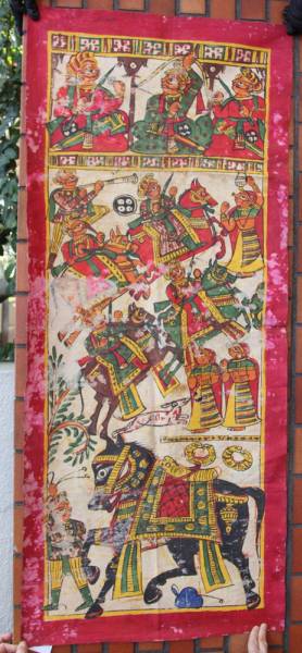 インド　お祭りの時のお寺のタペストリー 木綿に手書き 19世紀終