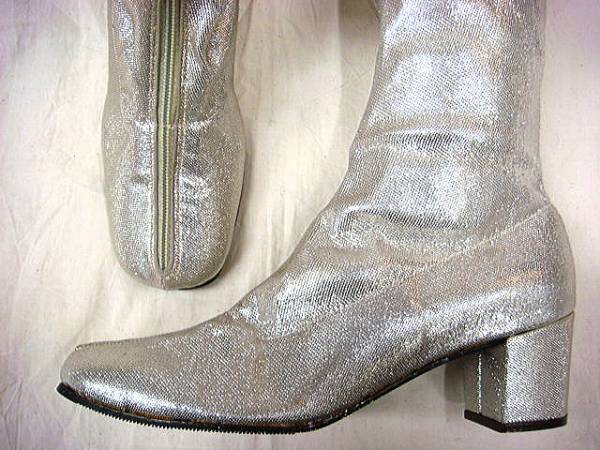  Vintage rare 60S silver silver lame stretch do King long go-go- heel boots rare one body size 8ta long zipper .