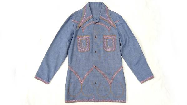 ビンテージ 珍品 70S 全面 刺繍 ステッチ ワーク デザイン ウエスタン タイプ ジャンブレー シャツ ジャケット 変形 襟 デッドストック 青