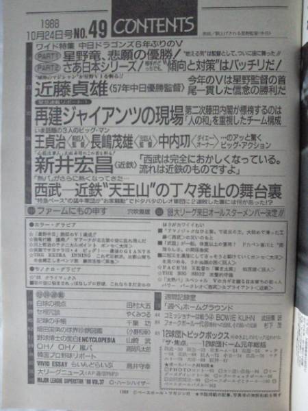 1988☆中日ドラゴンズ優勝記念大特集☆週刊ベースボール10/24号_目次ページ