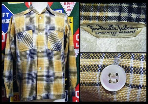 ☆小さめなサイズ感★USA製アメリカ製ビンテージウールチェックシャツ40年代50年代40s50s黄色×黒色シャドーチェックオンブレーチェック