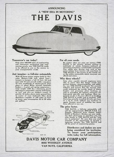 ◆1948年の自動車広告 デイビス1 DAVIS ３輪セダンの画像1