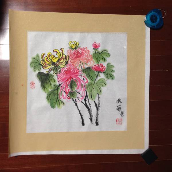 未使用　水墨画　水彩　　自然　植物　風景 ピンク黄菊_画像1