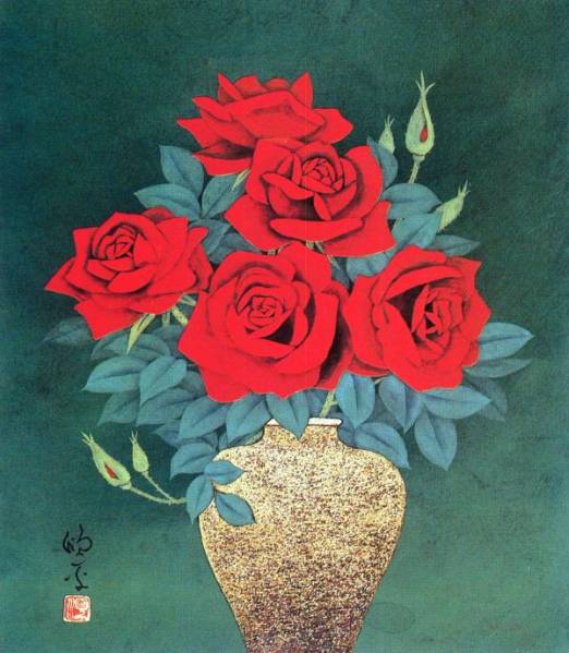 ◆富沢順平「薔薇」オフセット複製・木製額付・即決◆_日本画で描いた