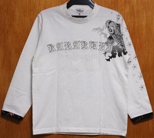 SALE！絡(luò)繰魂?(L)昇り鯉英字刺繍９分袖Ｔシャツ