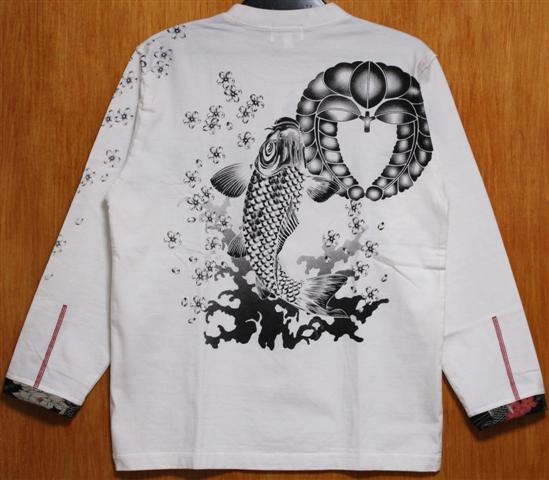 SALE！絡(luò)繰魂?(L)昇り鯉英字刺繍９分袖Ｔシャツ