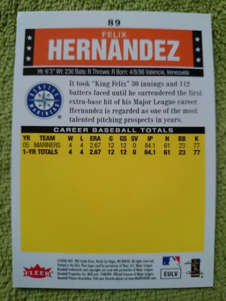 *FELIX HERNANDEZ FLEER TRADITION 2006 #89 MLB SEATTLE MARINERS WBCbenezela ferric s* ад наан tes Сиэтл Мали na-z