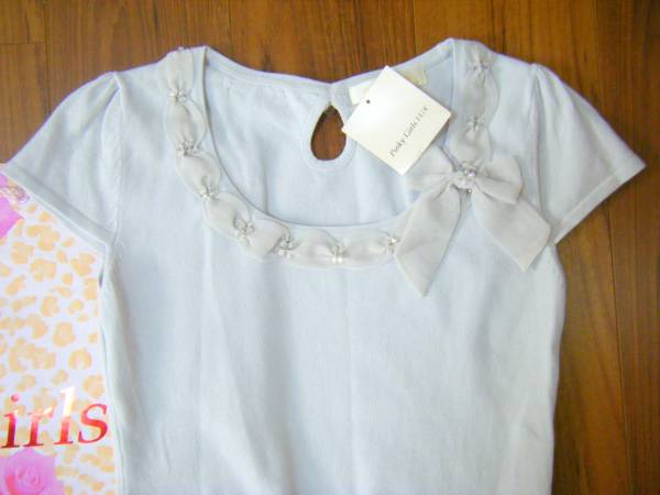 * new goods Pinky Girls ryuks* chiffon ribbon brooch * short sleeves cotton knitted * light gray 