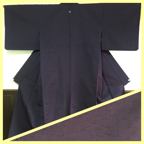【紬】正絹 単衣 無地 身丈150cm 下り藤一つ縫紋紫と黒の織物_画像1