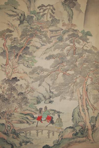 【まとめ買い】 不詳】//作者不詳/山水人物図/布袋屋掛軸HB-214 絵画