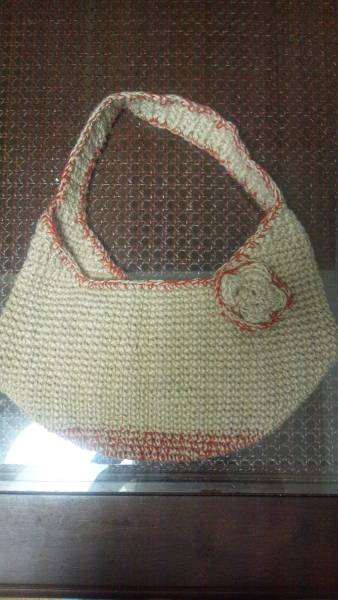 麻糸で編んだトートバッグ　赤茶_画像1