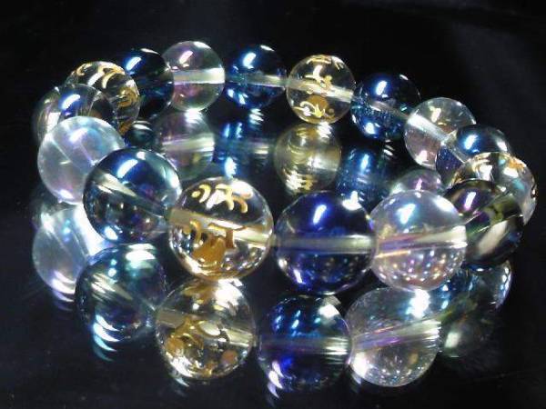 十二支梵字水晶ブルーオーラ&アクアオーラクリスタル12ミリ数珠