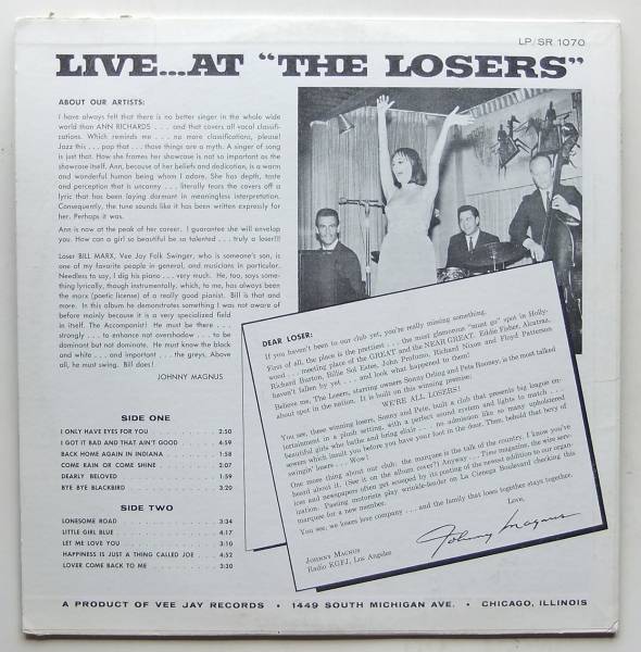 ◆ ANN RICHARDS with the Bill Marx Trio / Live at The Losers ◆ Vee Jay SR-1070 (color) ◆_画像2