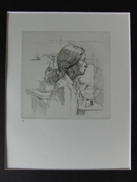 小磯良平、女と静物、銅版画・レゾネ、新品額付、限定100 の