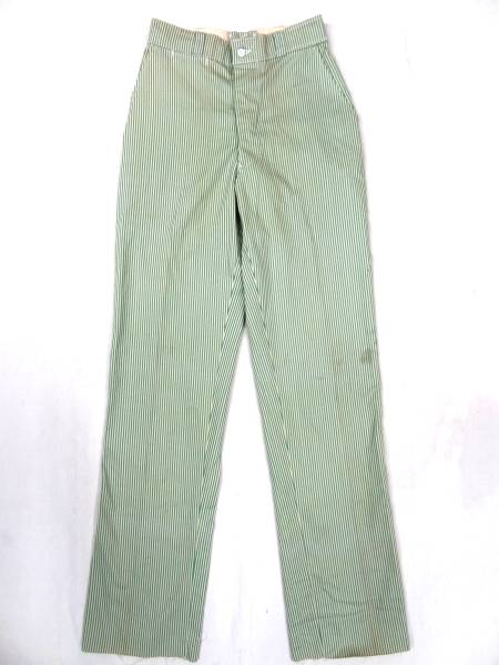  Vintage rare 50S~60S green white Hickory stripe cloth work pants rare green white button fly size W28 73 centimeter 