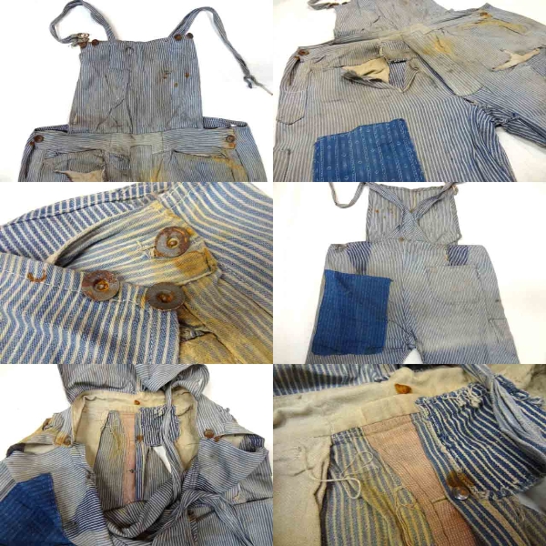  Vintage [?] No-brand 40S~50S Hickory overall Denim wabashu War bashu cloth repair damage atmosphere ..