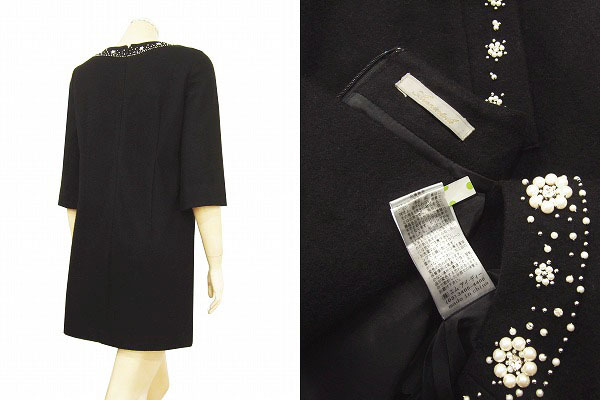 dM新品同様☆アベニールエトワール*Aveniretoile★黒★煌きパールビジュー★カシミヤ混★7分袖ワンピース★38號(hào)(M)/レディース